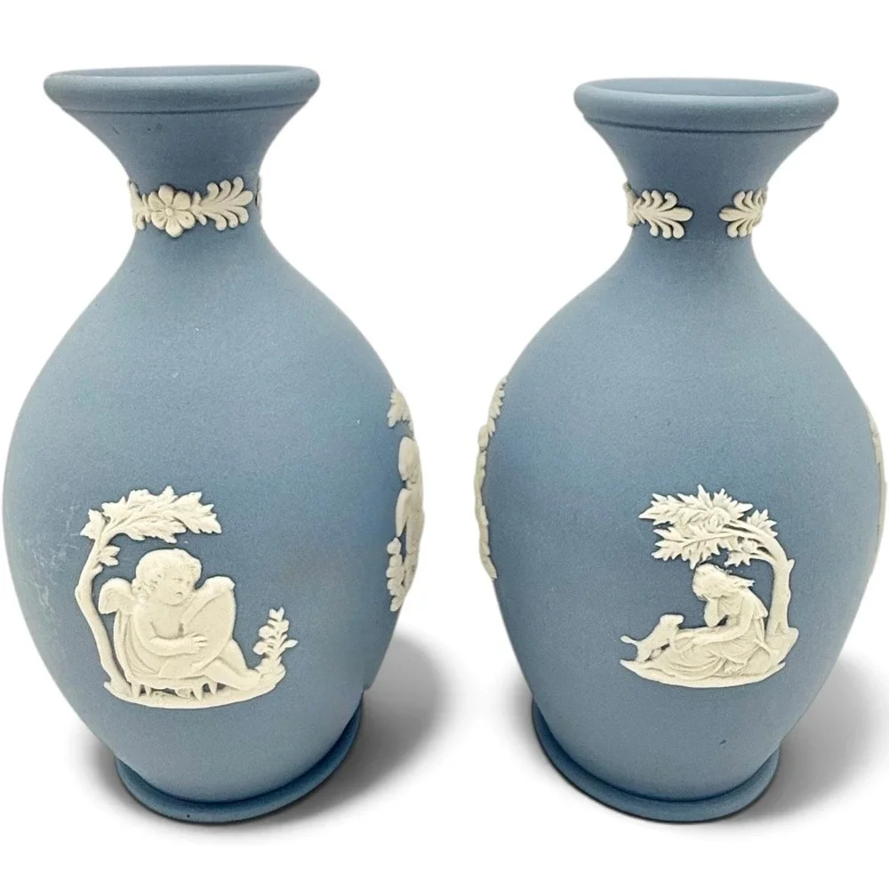 Vintage Wedgwood Blue Jasperware Bud Vases Pair White Cherub Relief Neoclassical